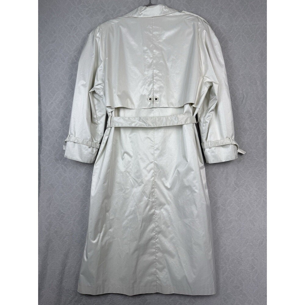 Vtg British Mist Trench Raincoat Womens 14 Ivory Shimmer Long Retro Classic 80s - Picture 7 of 16